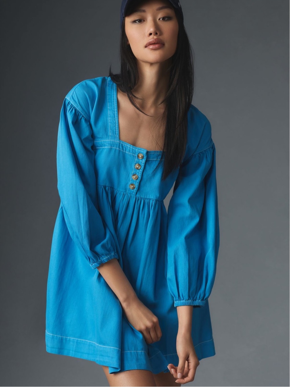 By Anthropologie Long-Sleeve Square-Neck Babydoll Mini Dress Blue Medium